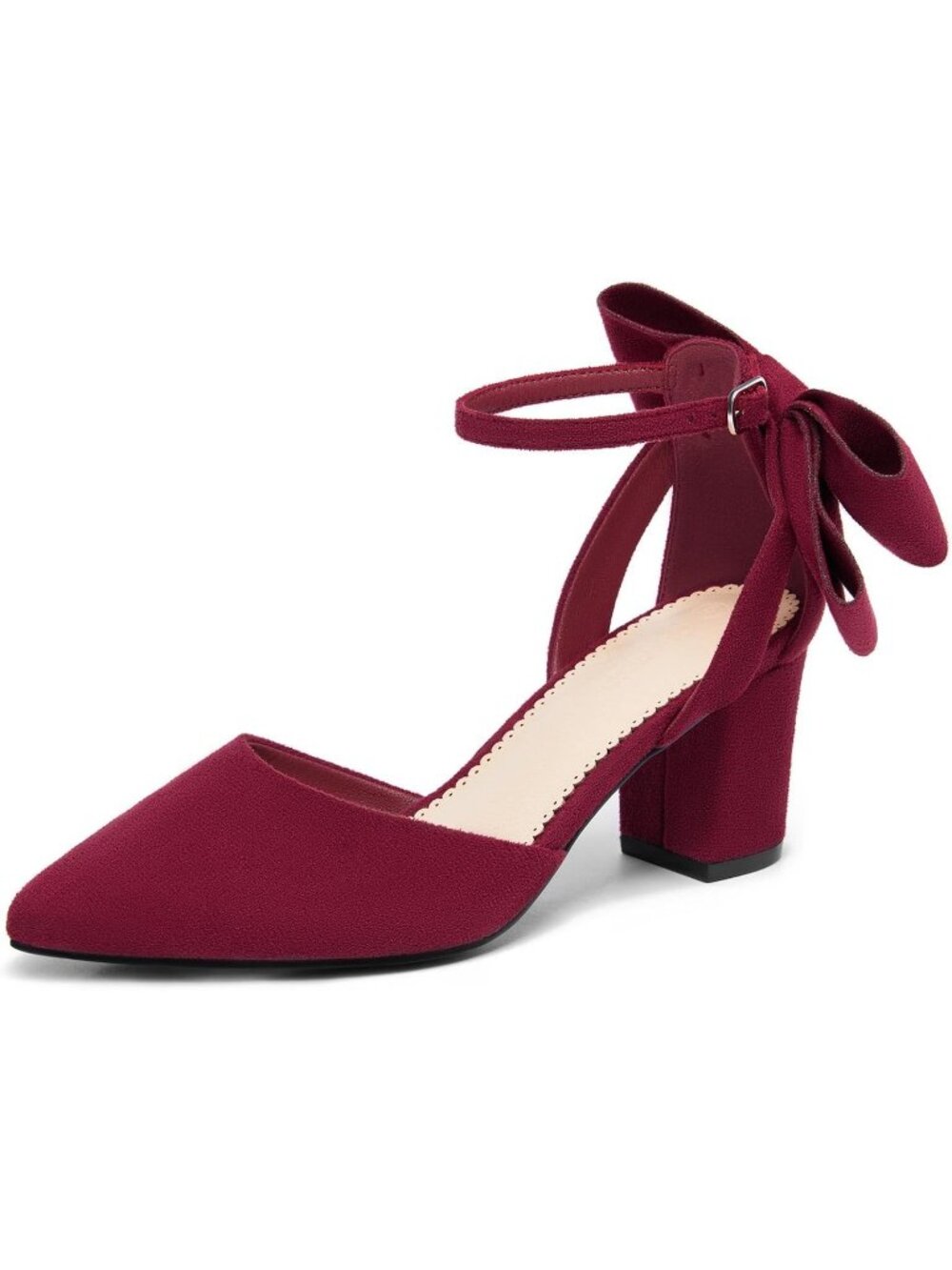 Women's Burgundy Chunky Heels Ankle Strap Pointed Toe Pumps Satin Shoes